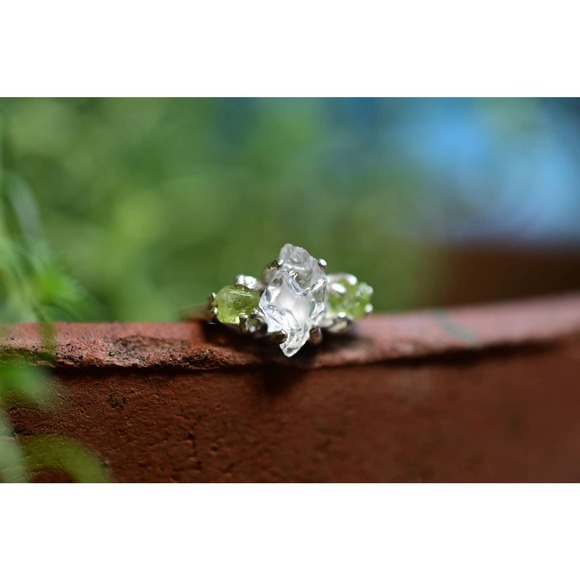 Peridot Ring Herkimer Rustic dainty unique alternative simple boho natur… - Picture 1 of 8